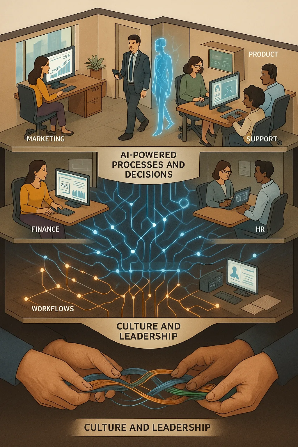 Layered illustration of office teams across marketing, product, support, finance, and HR linked by AI-powered processes, workflows, culture and leadership.