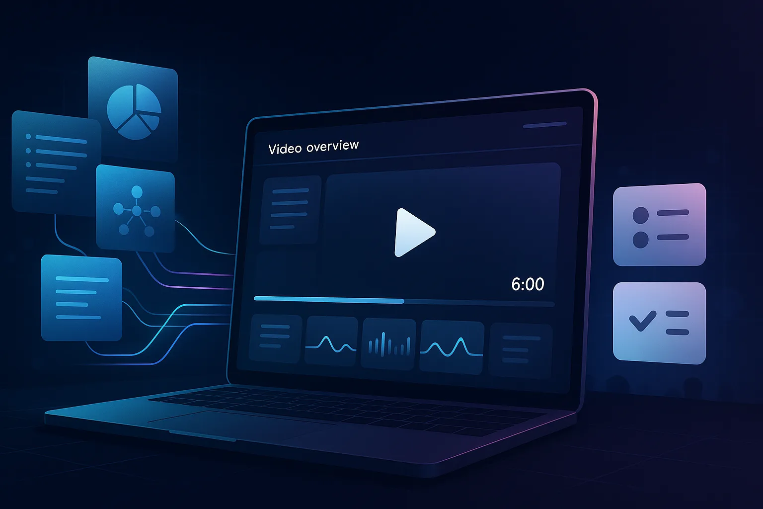 Dark laptop showing a Video overview player at 6:00 with document and chart icons