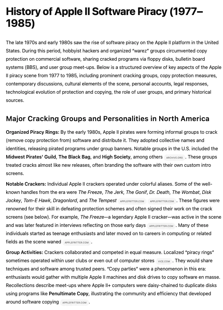 Article on Apple II software piracy history covering cracking groups and notable crackers.