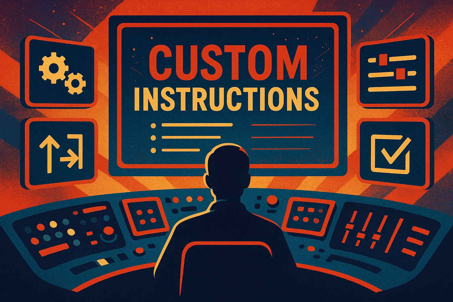 Silhouetted person at a control panel facing a screen reading Custom Instructions, with gear and checkmark icons, orange tones.