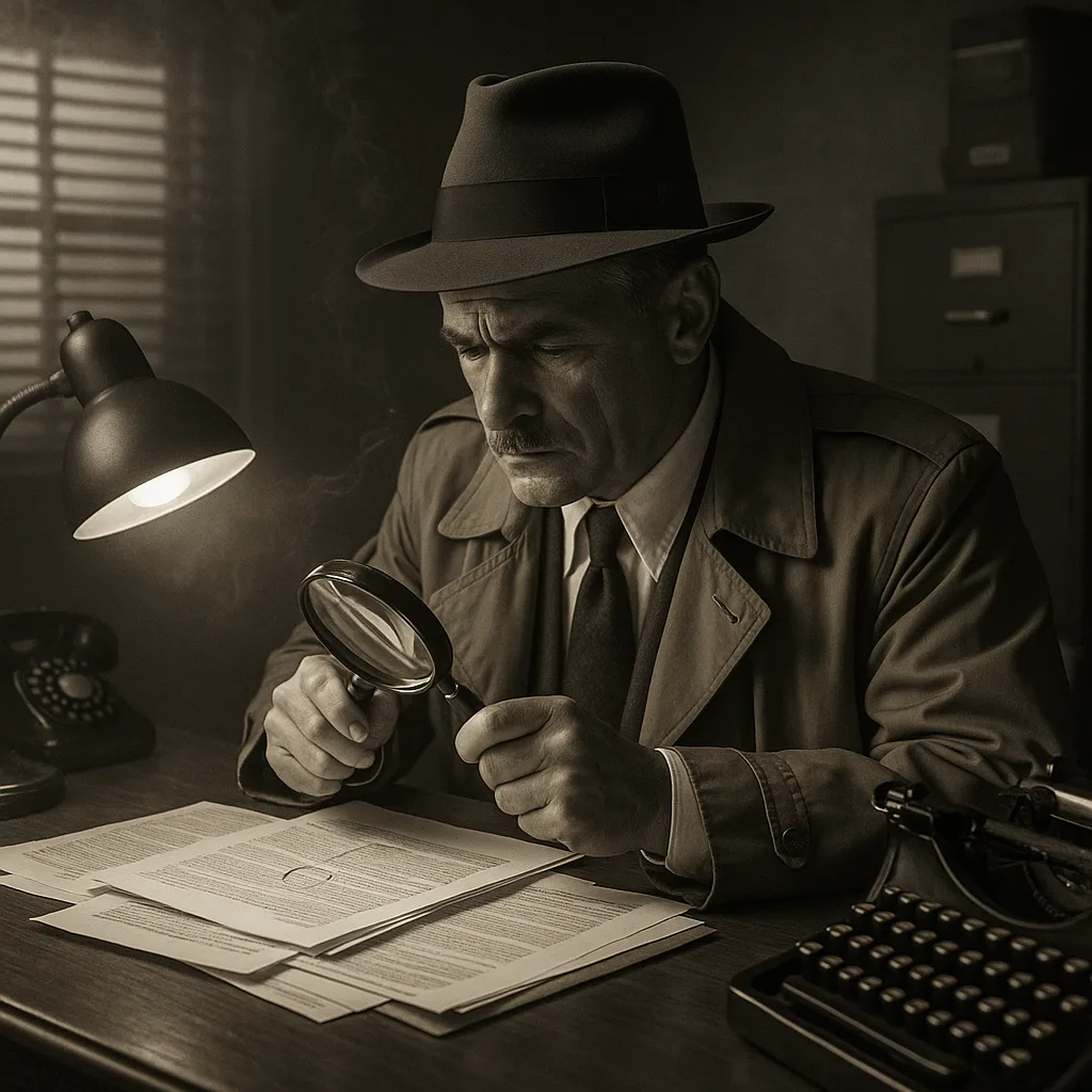Sepia photo of a detective in a fedora examining papers with a magnifying glass at a lamplit desk.