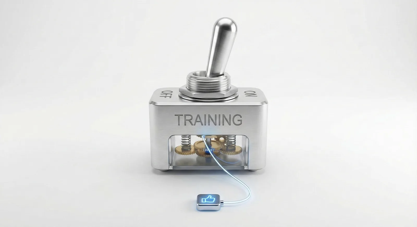 A metal toggle switch labeled TRAINING with OFF and ON, visible gears inside, connected to a glowing blue thumbs-up button.