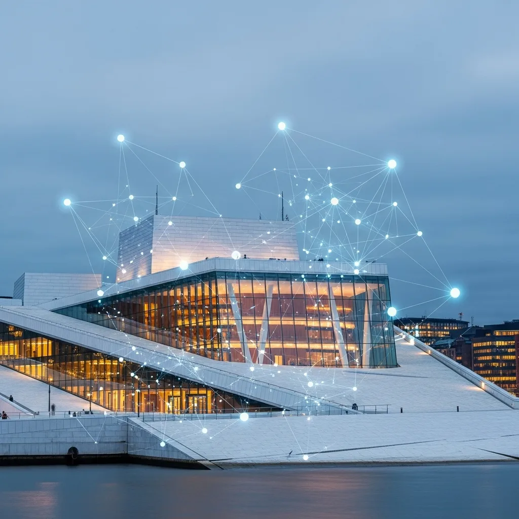 Oslo Opera House at dusk overlaid with a glowing network of connected nodes.