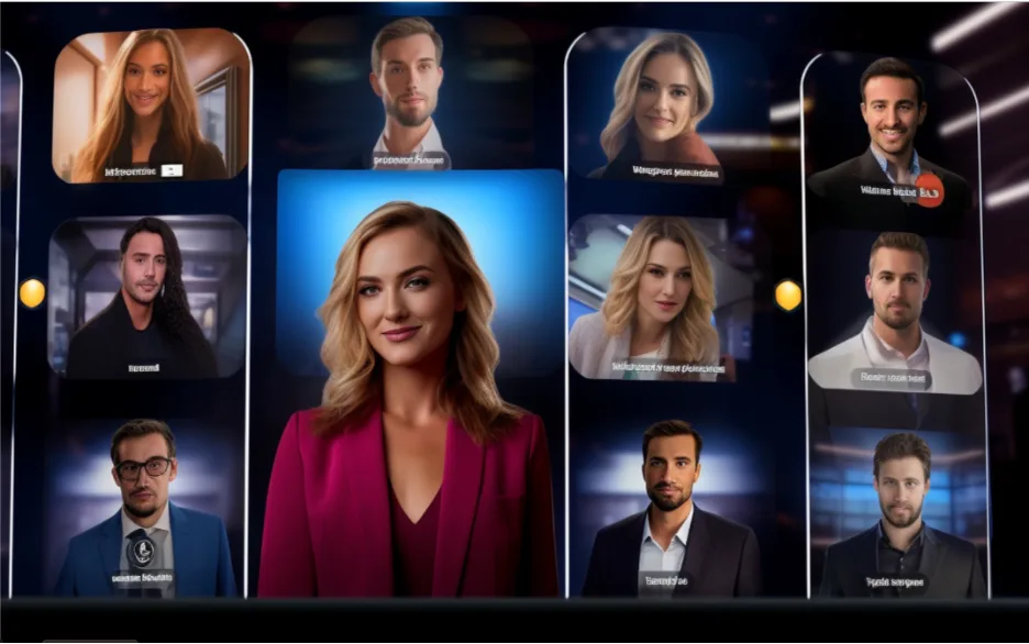 Grid of AI generated portraits of many people arranged like a video panel display.