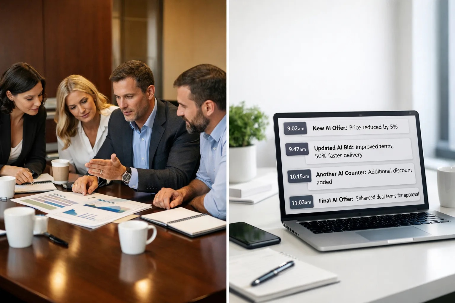 Four colleagues review charts at a conference table beside a laptop showing timestamped AI offer and counter-bid messages.