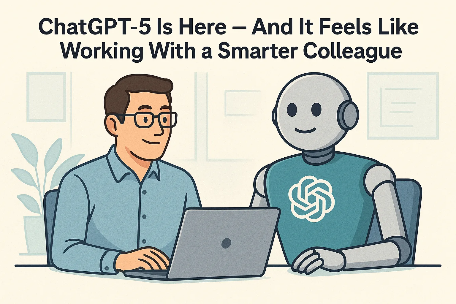 Man at a laptop beside a robot, title ChatGPT-5 Is Here And It Feels Like Working With a Smarter Colleague