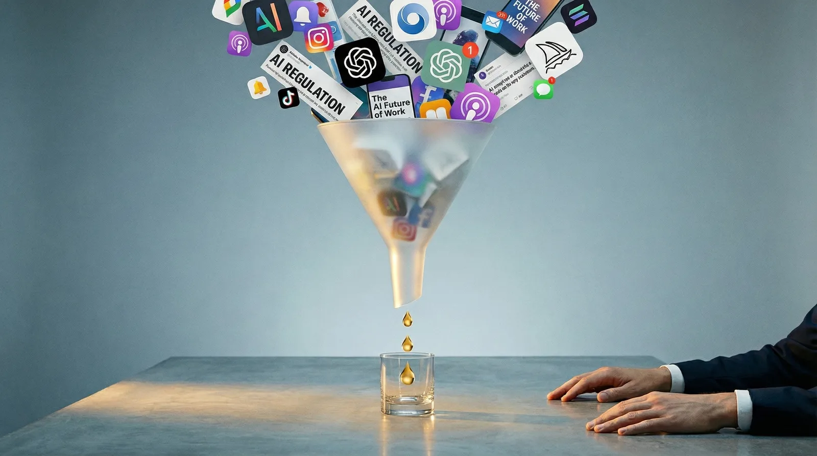 App icons and AI Regulation headlines pour into a funnel dripping gold into a small glass beside a seated man's hands.