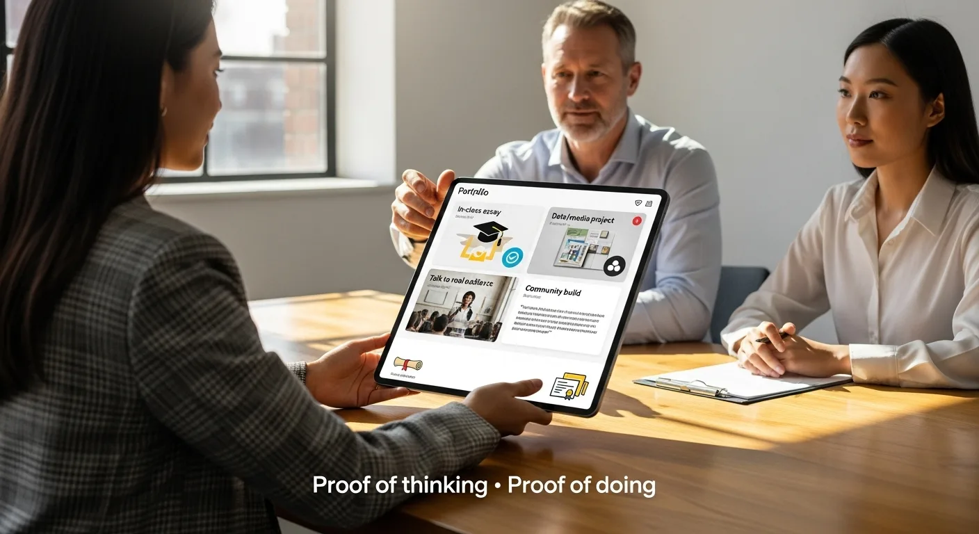 Student shows a tablet portfolio to two interviewers, captioned Proof of thinking, Proof of doing.