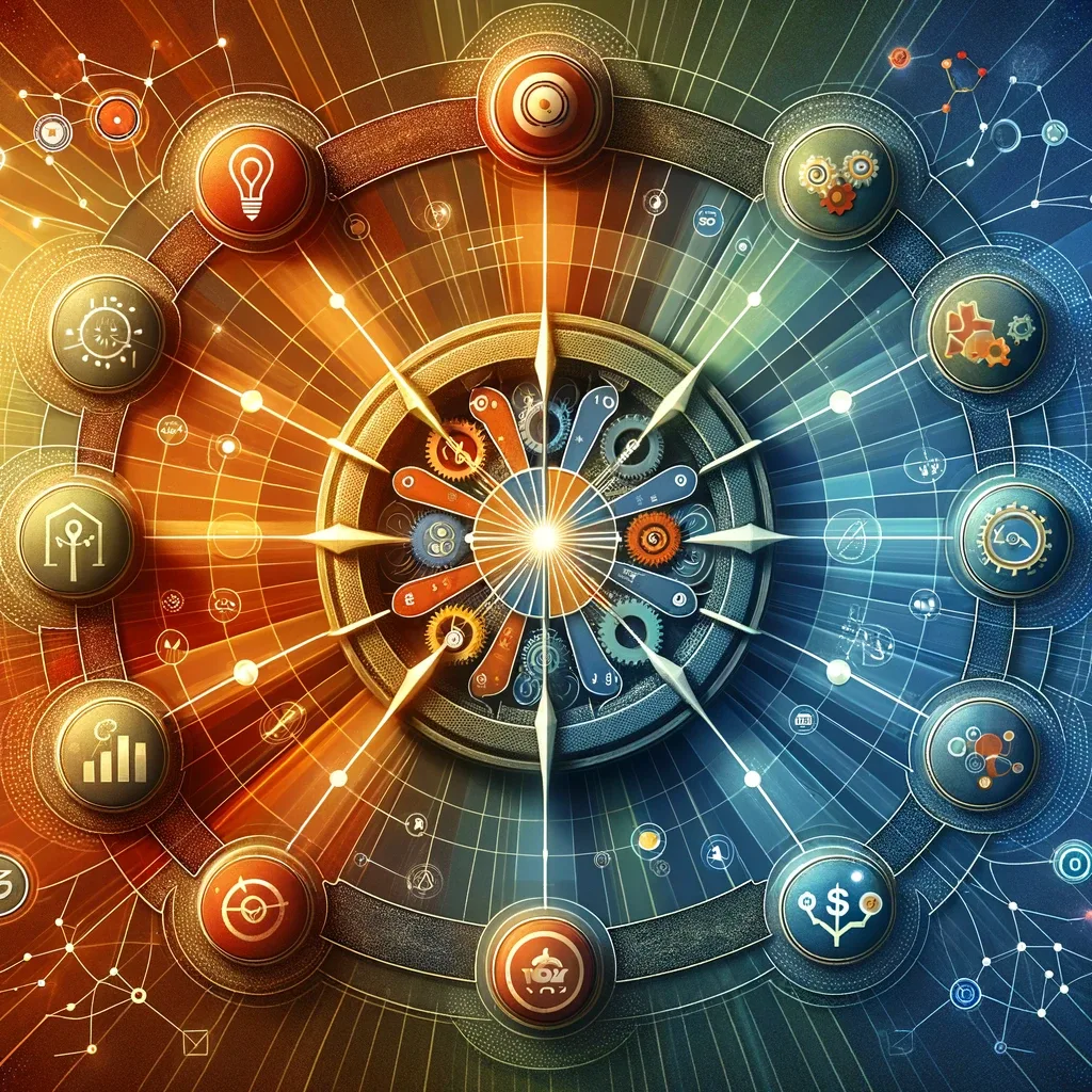 Illustration of central interlocking gears connected by spokes to circular business and revenue icons.