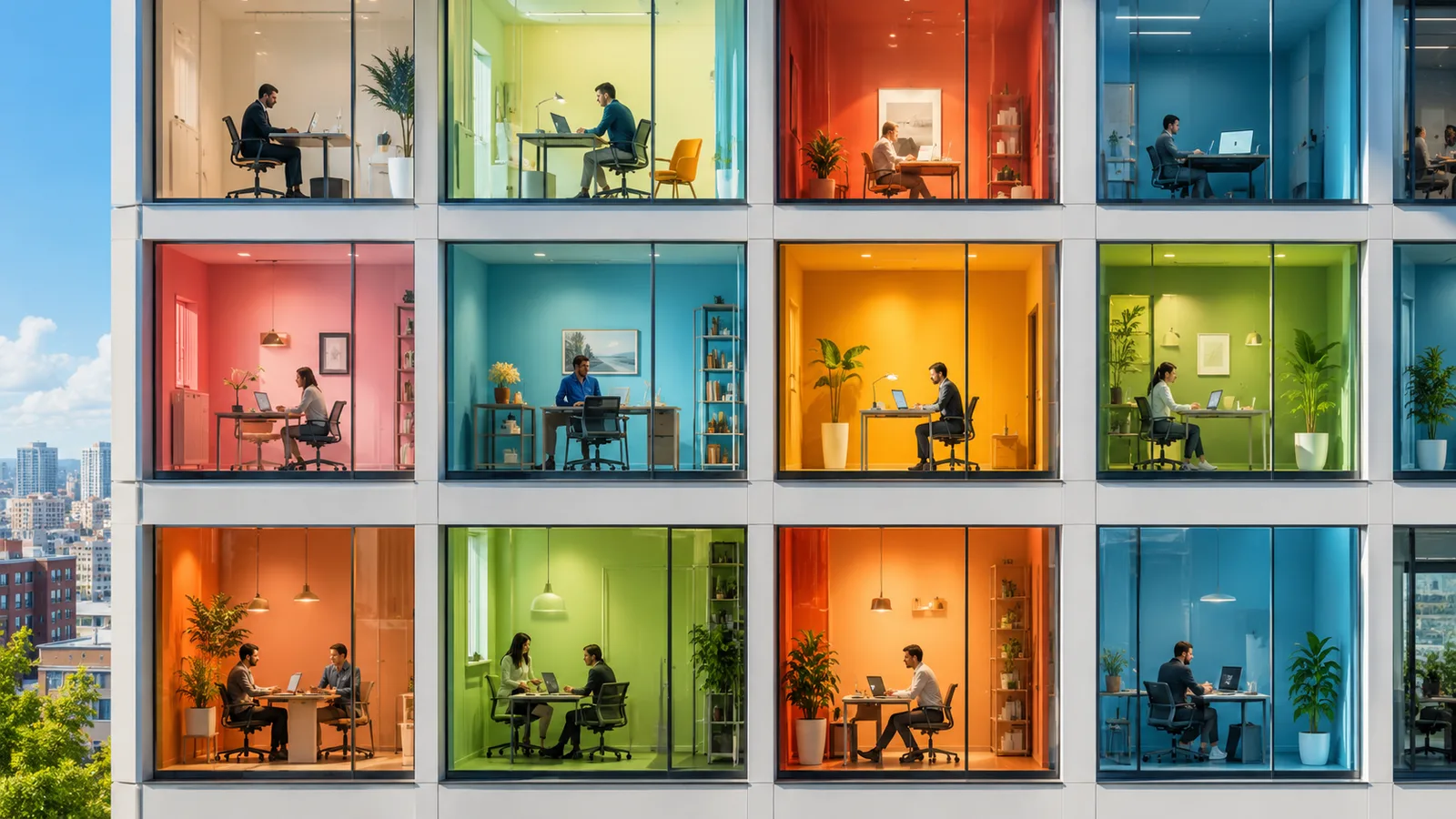A glass office building seen from outside, with each unit glowing a different bright color and workers at desks visible in their own separate, walled-off rooms.