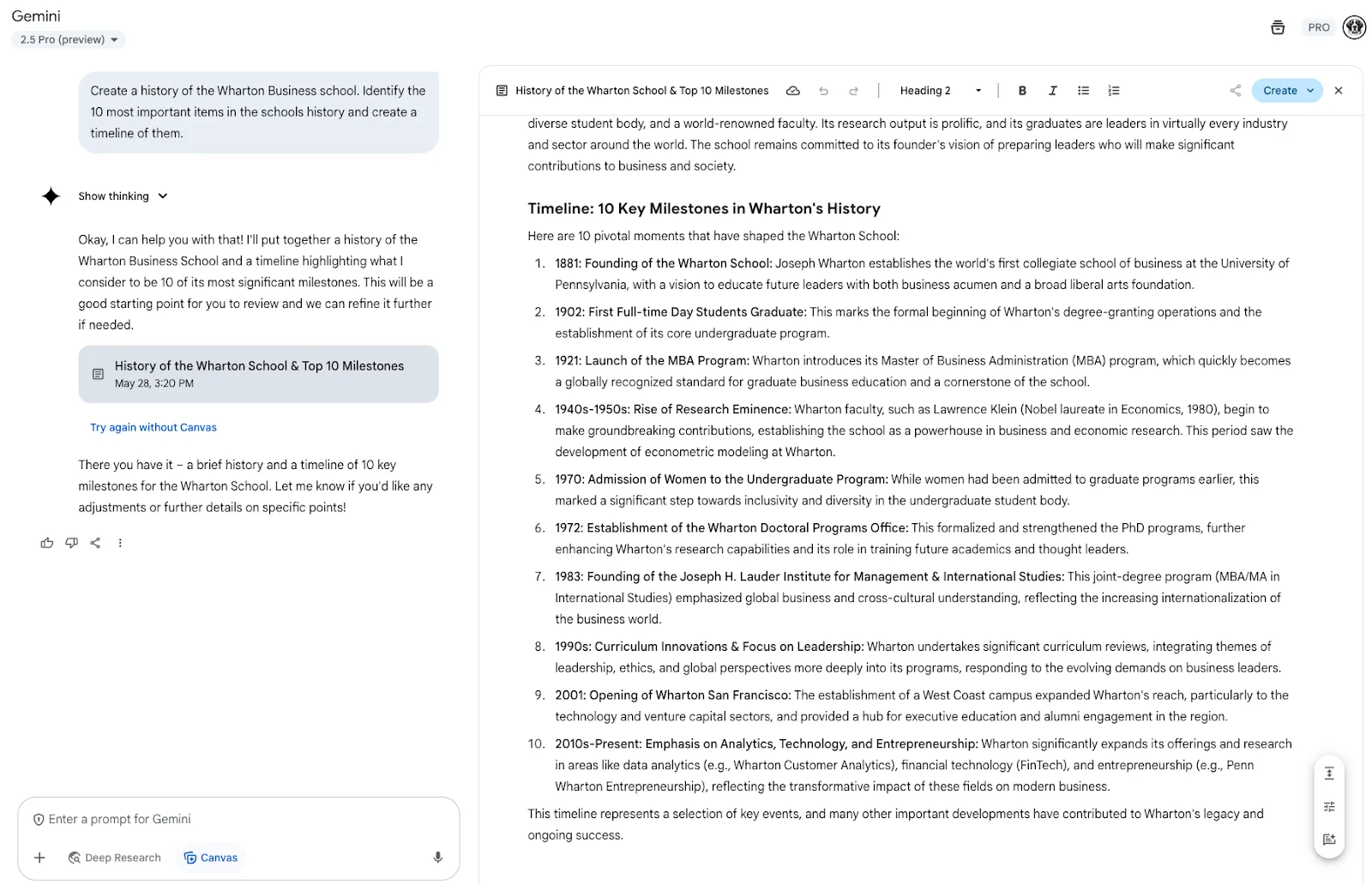 Gemini Canvas interface generating a Wharton School history with text editor and Create menu