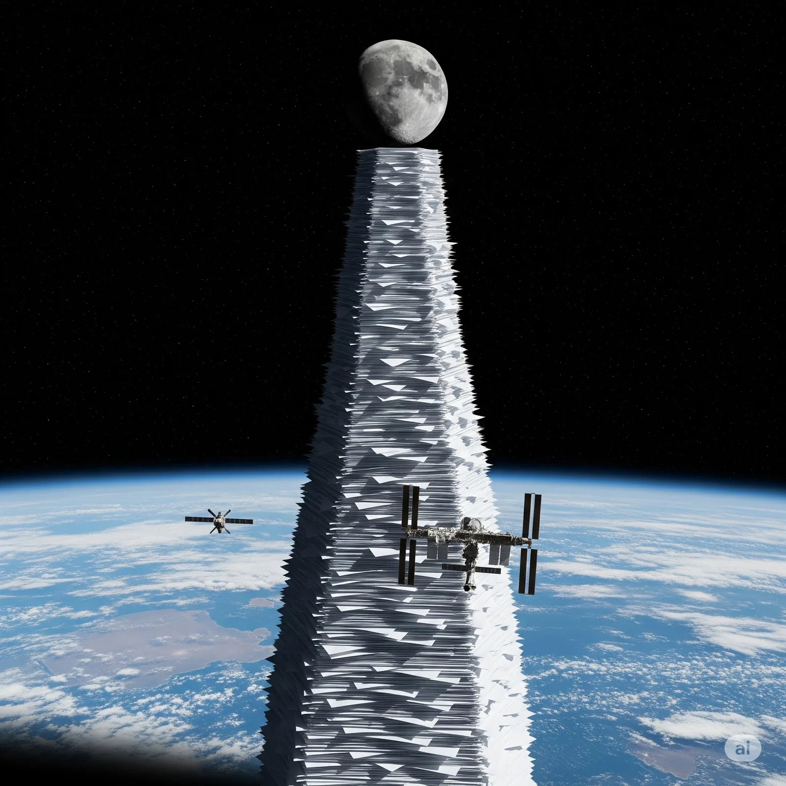Towering column of stacked paper rising from Earth toward the Moon past the space station.