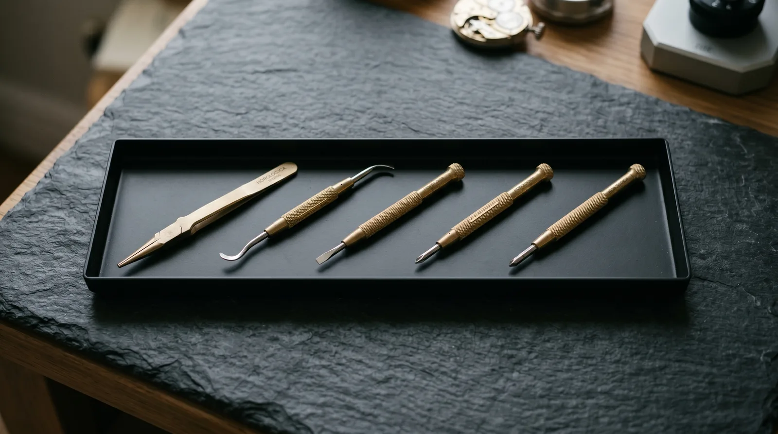 Five brass watchmaker tools and tweezers arranged in a black tray on slate.
