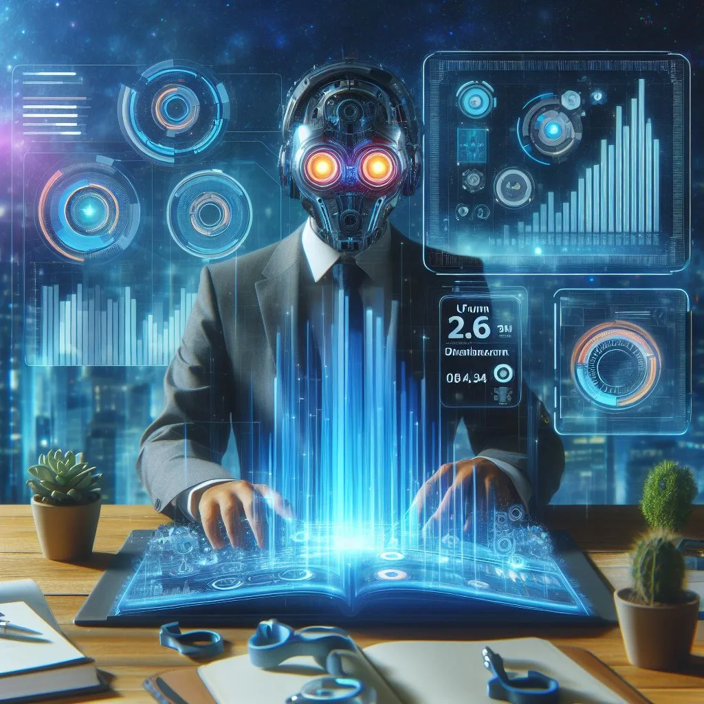 Robot-headed figure in a suit at a desk with glowing book and floating data dashboards