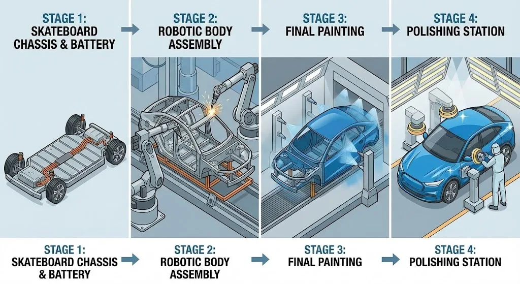 Four-stage electric vehicle assembly: skateboard chassis, robotic body assembly, final painting, polishing station.