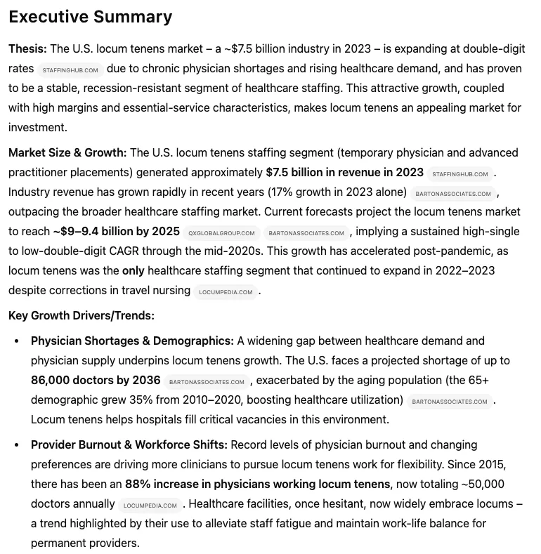 Executive Summary citing US locum tenens market at 7.5 billion dollars in 2023 with growth drivers.