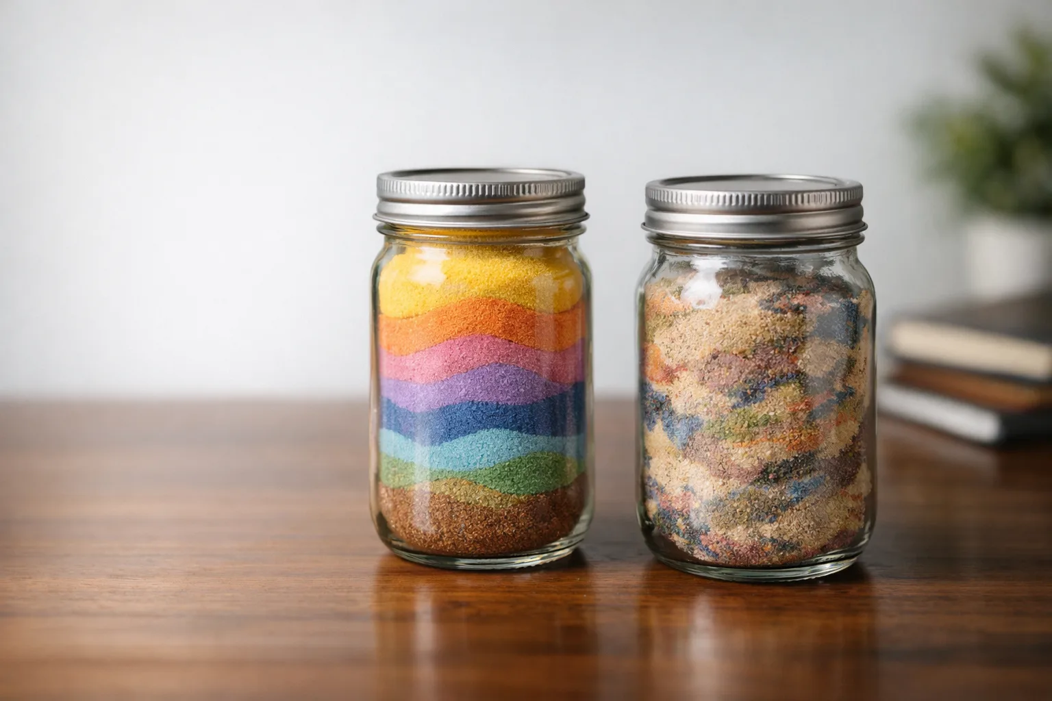Two glass mason jars on a wood table, one with neat rainbow sand layers, the other with mixed muddy colors.