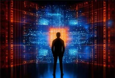 Silhouette of a man standing before glowing blue and orange digital data walls and circuitry.
