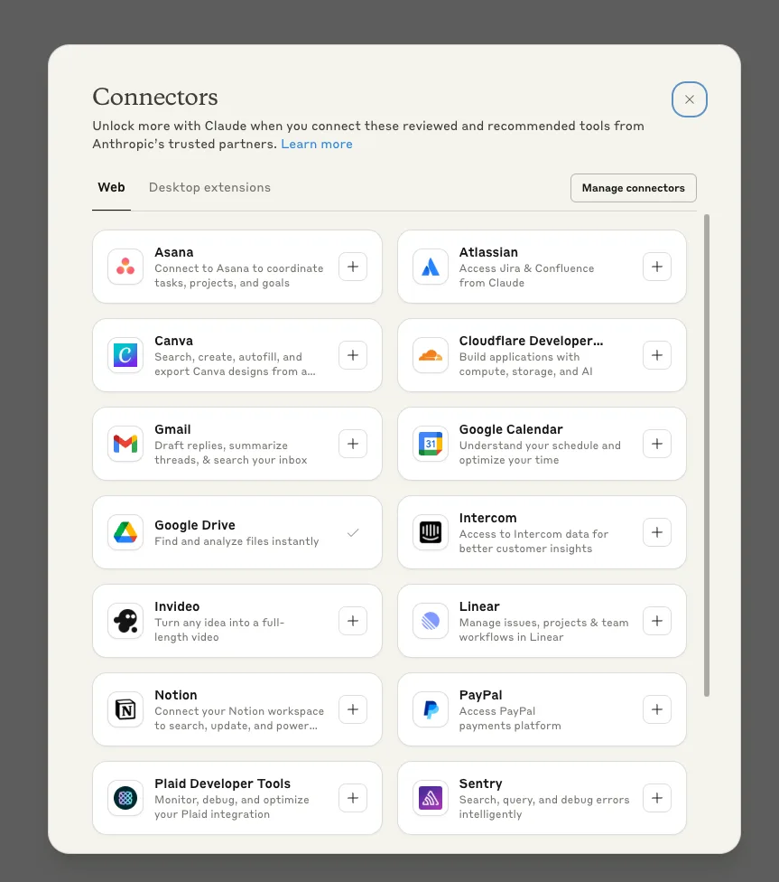 Claude Connectors panel listing tools like Asana, Canva, Gmail, Notion, and Google Drive