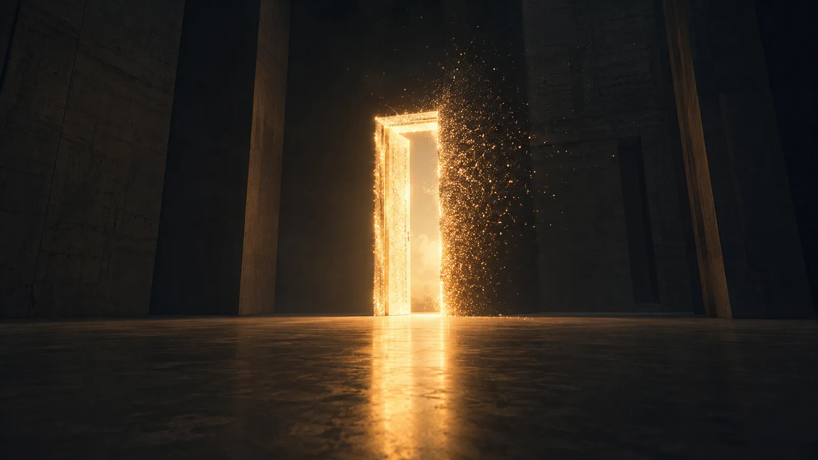 A glowing doorway of light opening in a dark, cavernous stone hall, with sparks streaming from its edges.