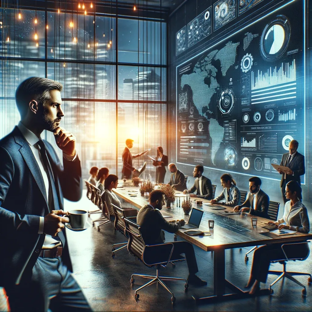 Businessman in foreground, team working at desks before a large data screen in an office.