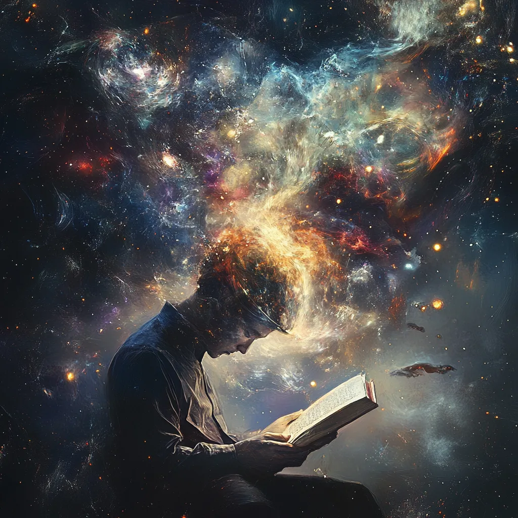 Silhouette of a person reading a book, colorful cosmic nebula swirling from the pages.