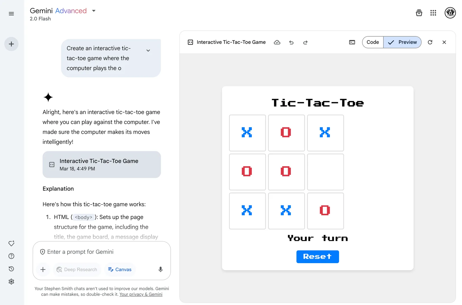Gemini Advanced Canvas preview of an interactive tic-tac-toe game beside the chat prompt.