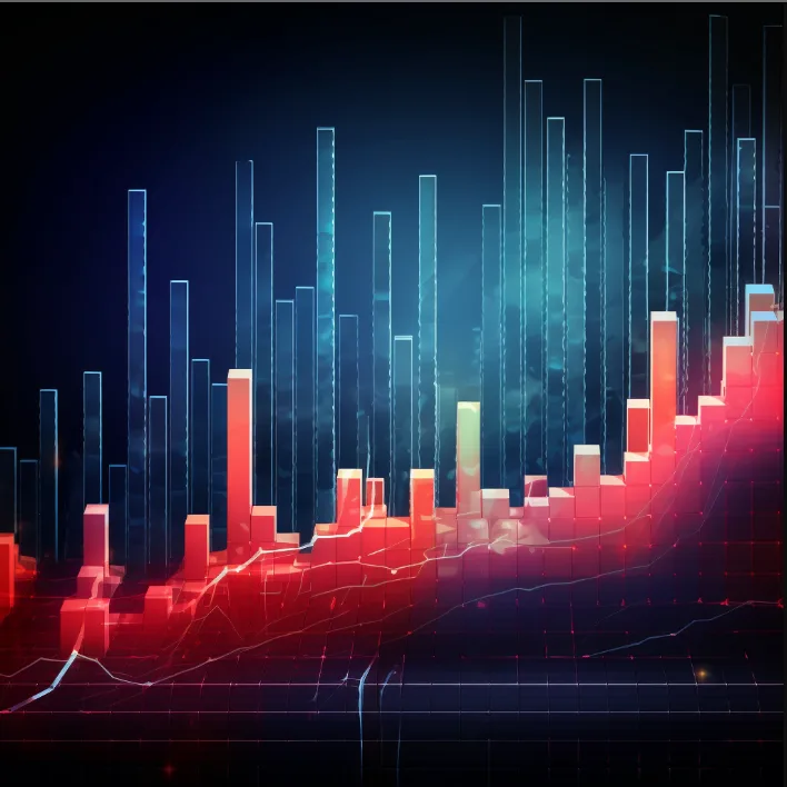 Abstract bar chart in red and blue rising bars against a dark background, financial data style.