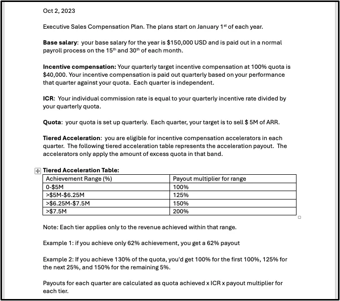 Executive Sales Compensation Plan document detailing base salary, incentive, ICR, quota, and a tiered acceleration table.