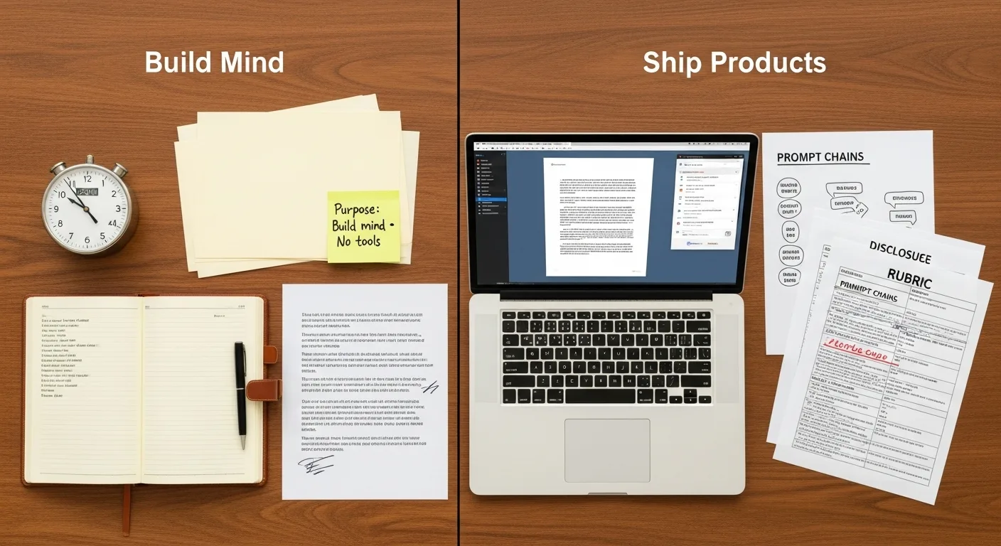 Split desk image labeled Build Mind with notebook and clock versus Ship Products with laptop and documents.