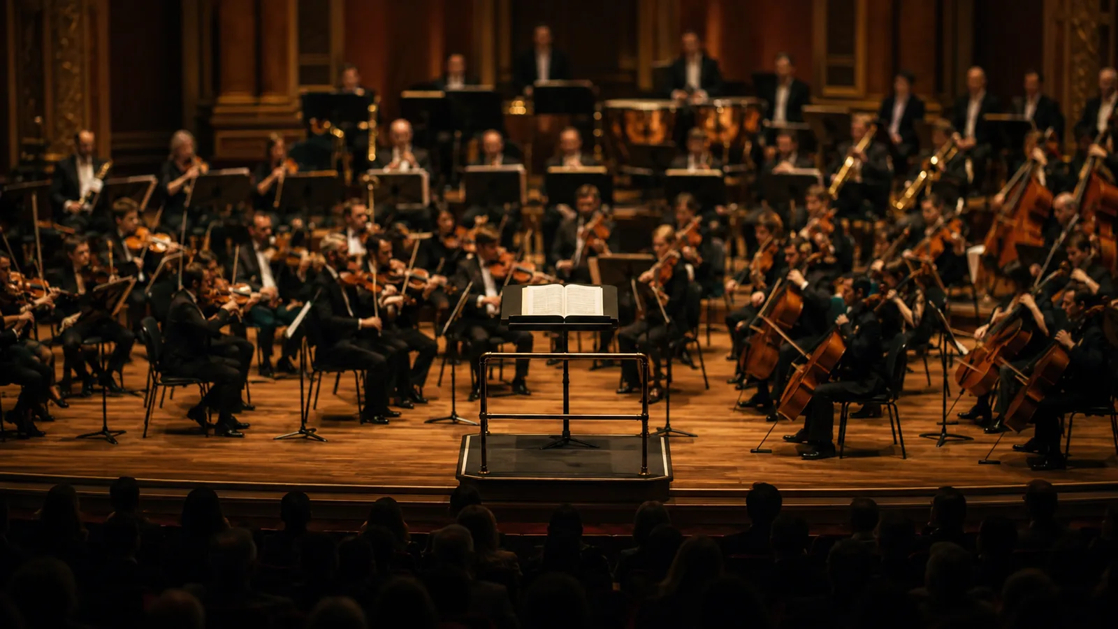 A full symphony orchestra seated on stage before an audience, with an empty conductor's podium at the center.