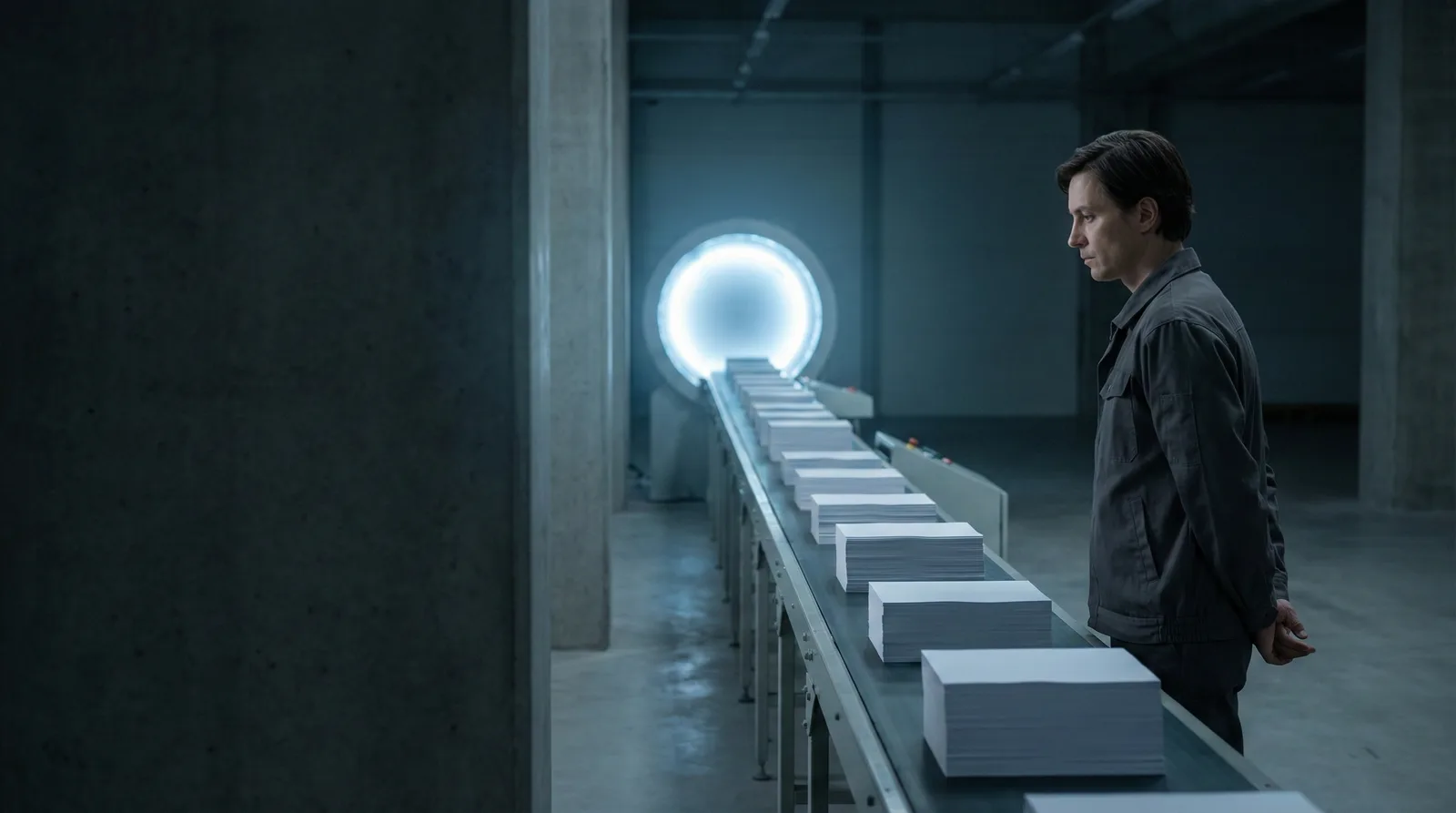 A man in gray watches stacks of paper move along a conveyor belt toward a glowing white ring in a dim concrete room.