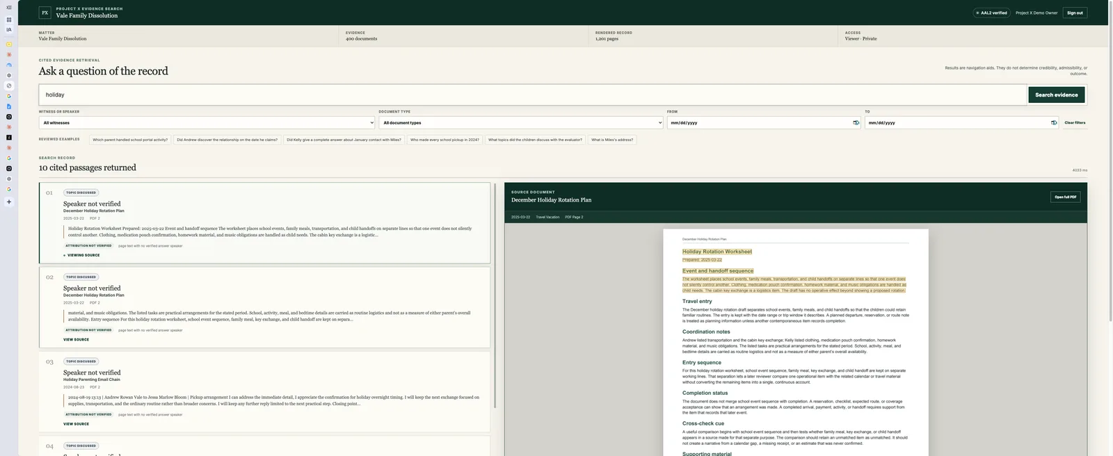 Search results for the term holiday, showing ten cited passages in a left column, each with its source document, date and page, alongside a right panel displaying the source document itself with the matching text highlighted.