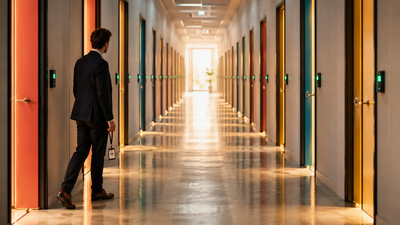 A man in a dark suit with an ID badge on a lanyard walks down a long, brightly lit corridor lined with rows of colorful doors, every one fitted with an access reader glowing green as if already unlocked.