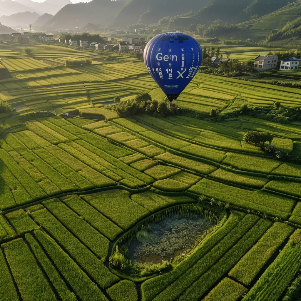Aerial view of green rice terraces with a blue hot air balloon labeled Gen floating above.