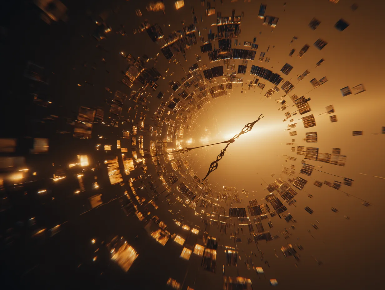 Glowing tunnel of scattered light fragments converging toward a bright center with golden light