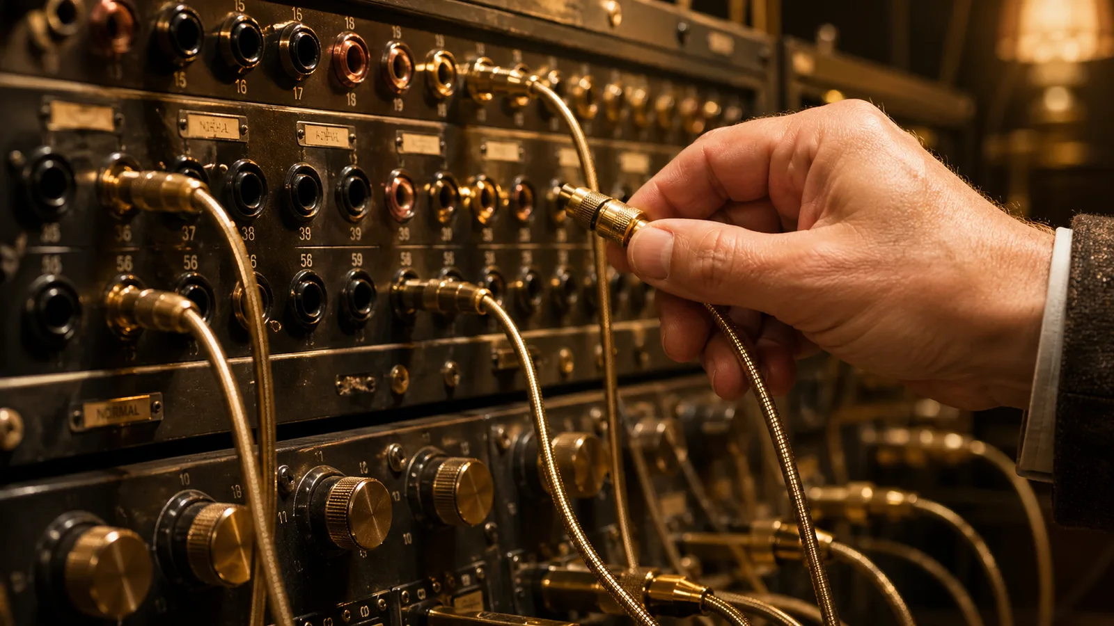 Hand inserting a gold cable into a vintage patch panel switchboard with numbered ports and knobs.
