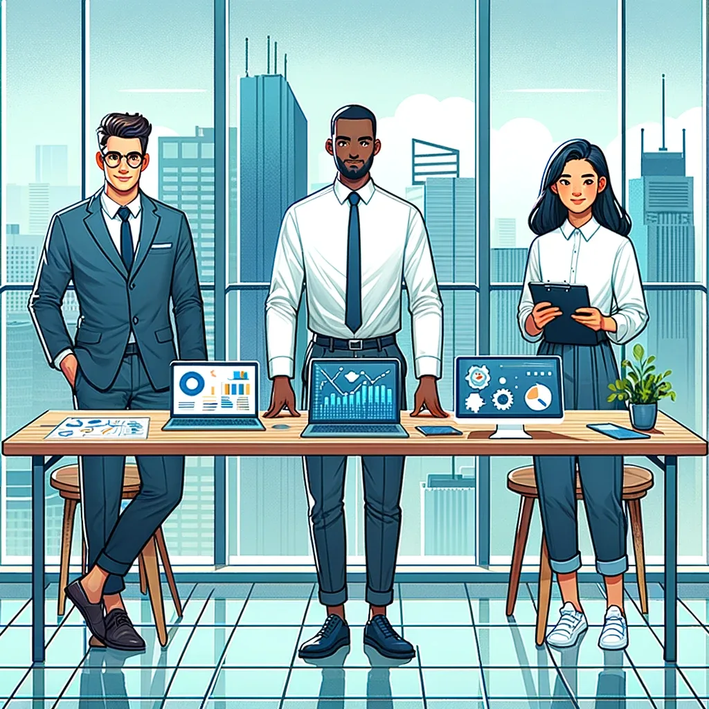 Three business professionals stand at a table with laptop and charts in a bright city office, illustrated.