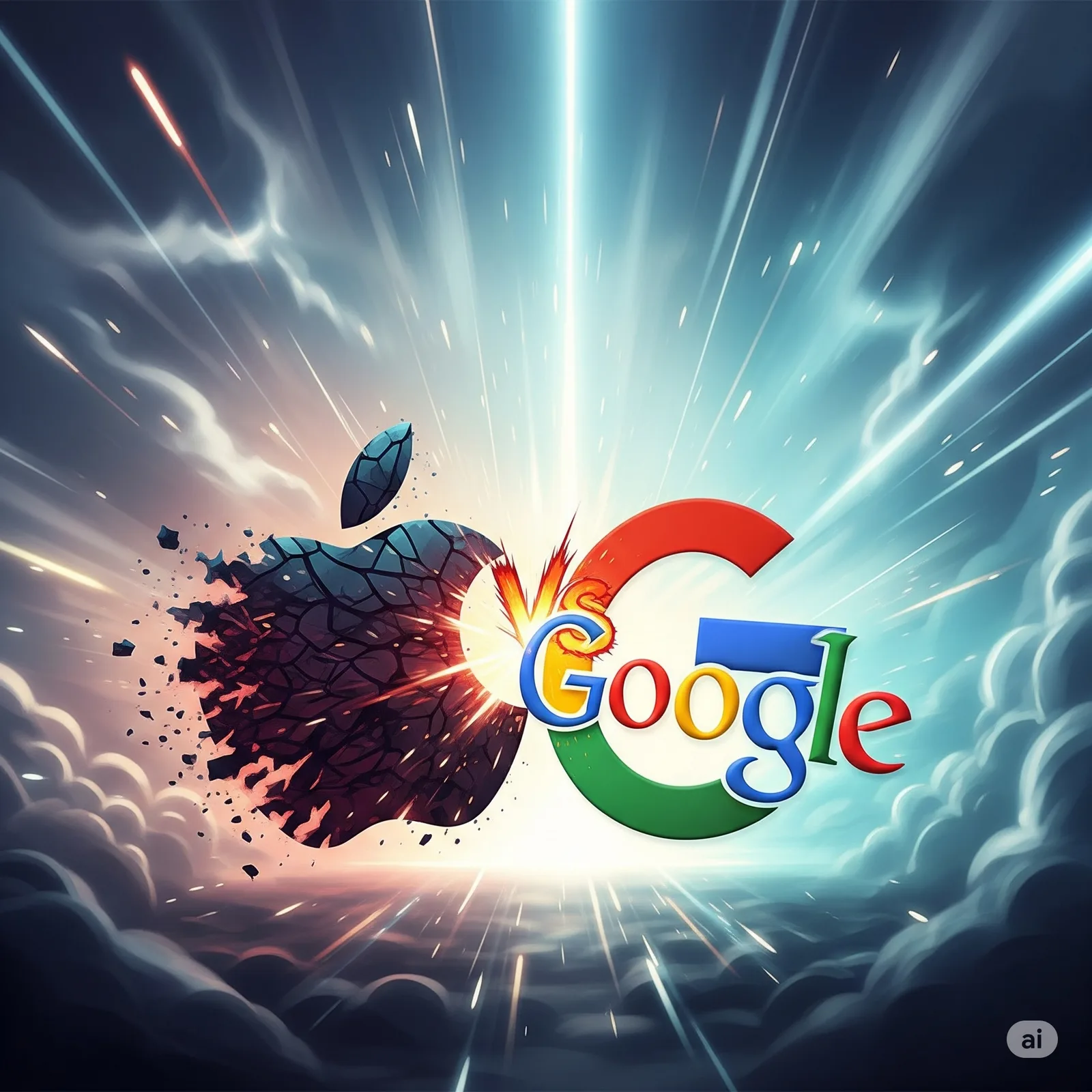 Cracking dark Apple logo colliding with a colorful Google logo amid bright light rays and clouds.