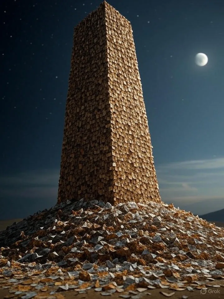 Tall tower built of stacked paper sheets in a desert at night with a crescent moon.