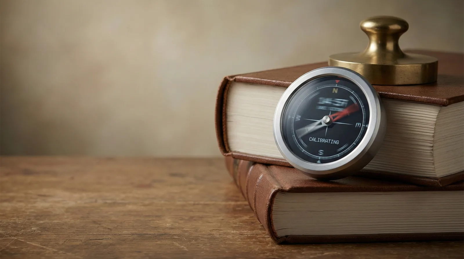 A round metal compass labeled CALIBRATING rests against stacked leather books and a brass weight on a wooden surface.