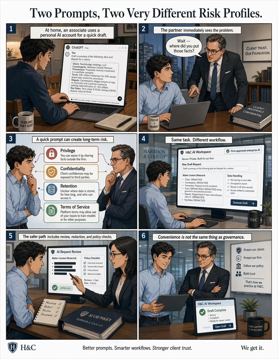 Six-panel comic comparing personal AI versus governed firm AI workspace for a legal draft, by H&C.
