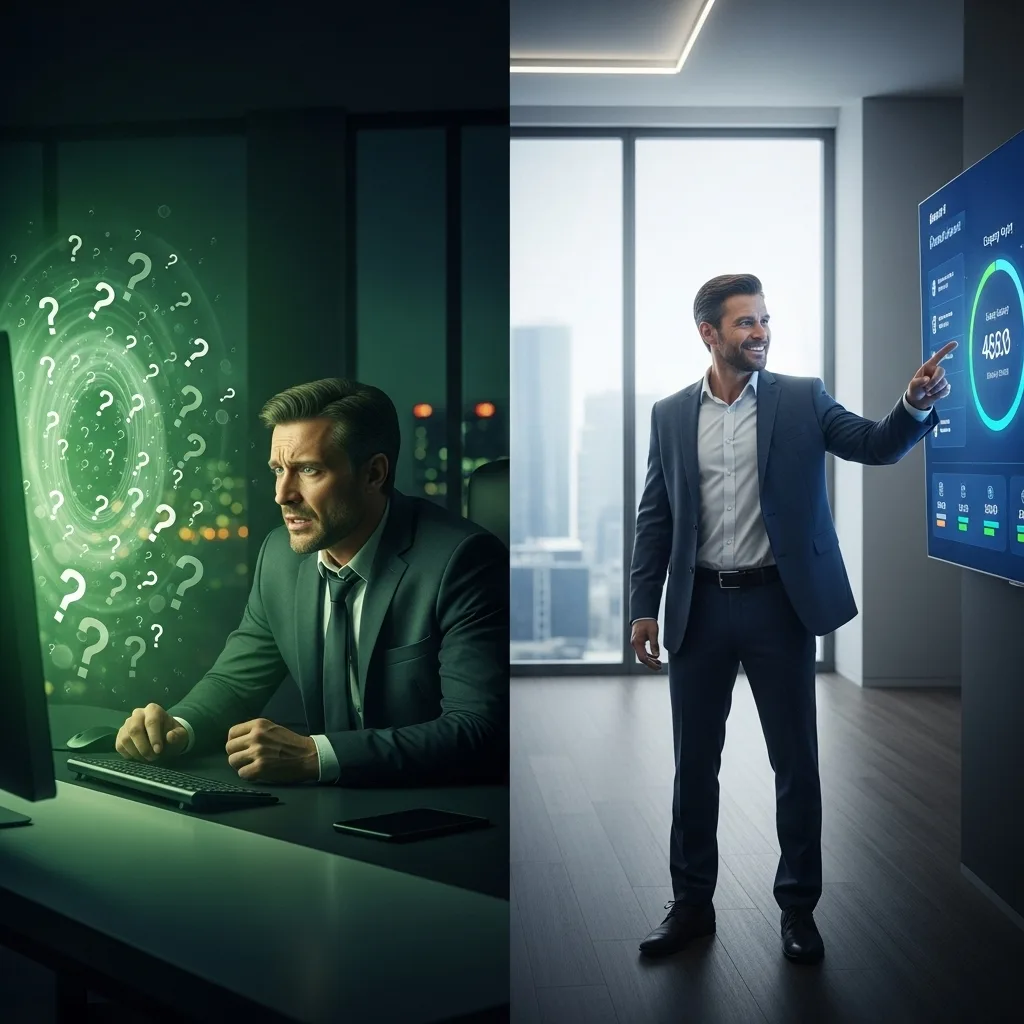 Split image: a man frowning at a screen of question marks, and a smiling man pointing at a dashboard.