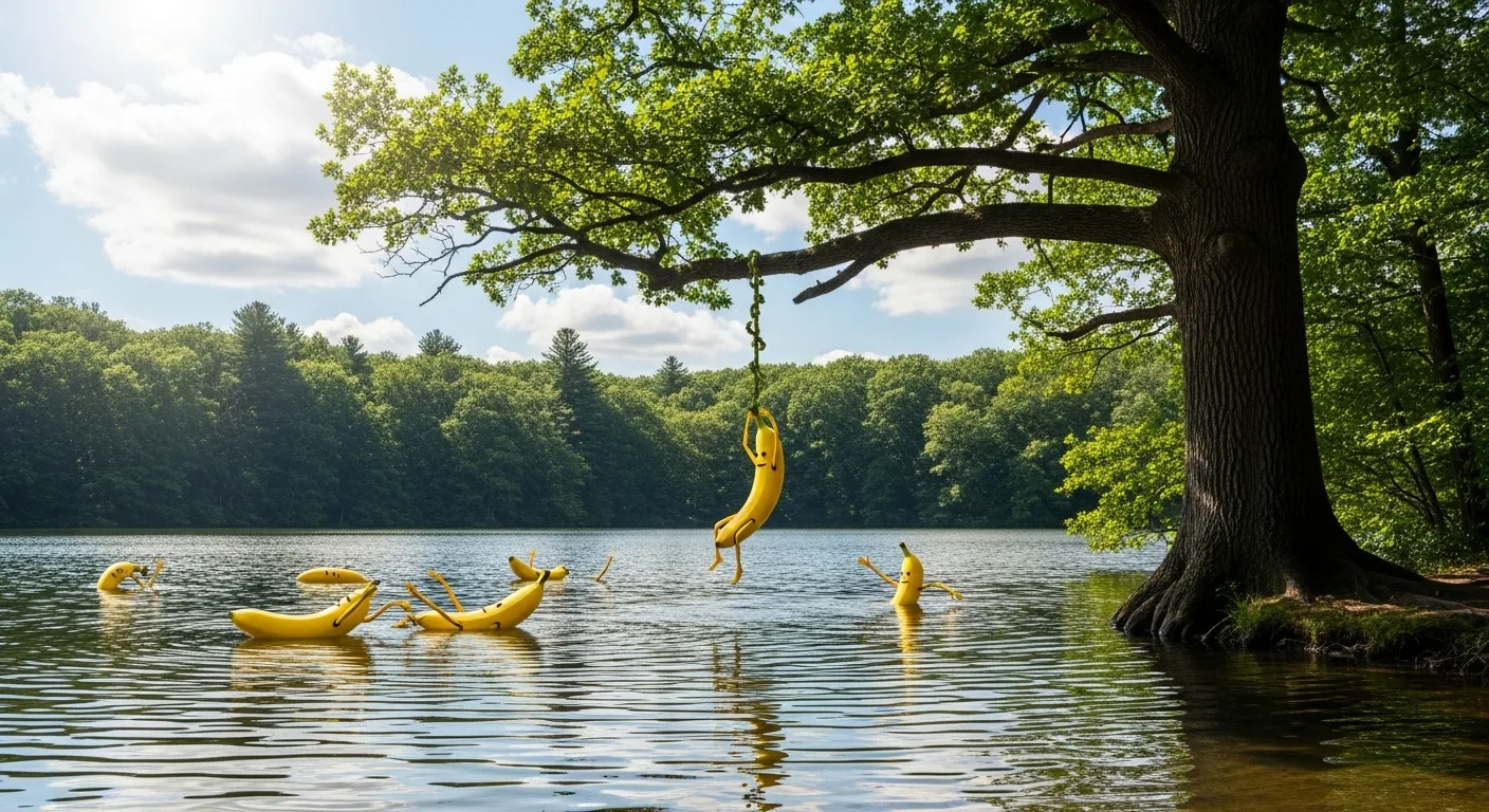 Banana peels floating on a calm forest lake, one hanging from a rope on a green tree.