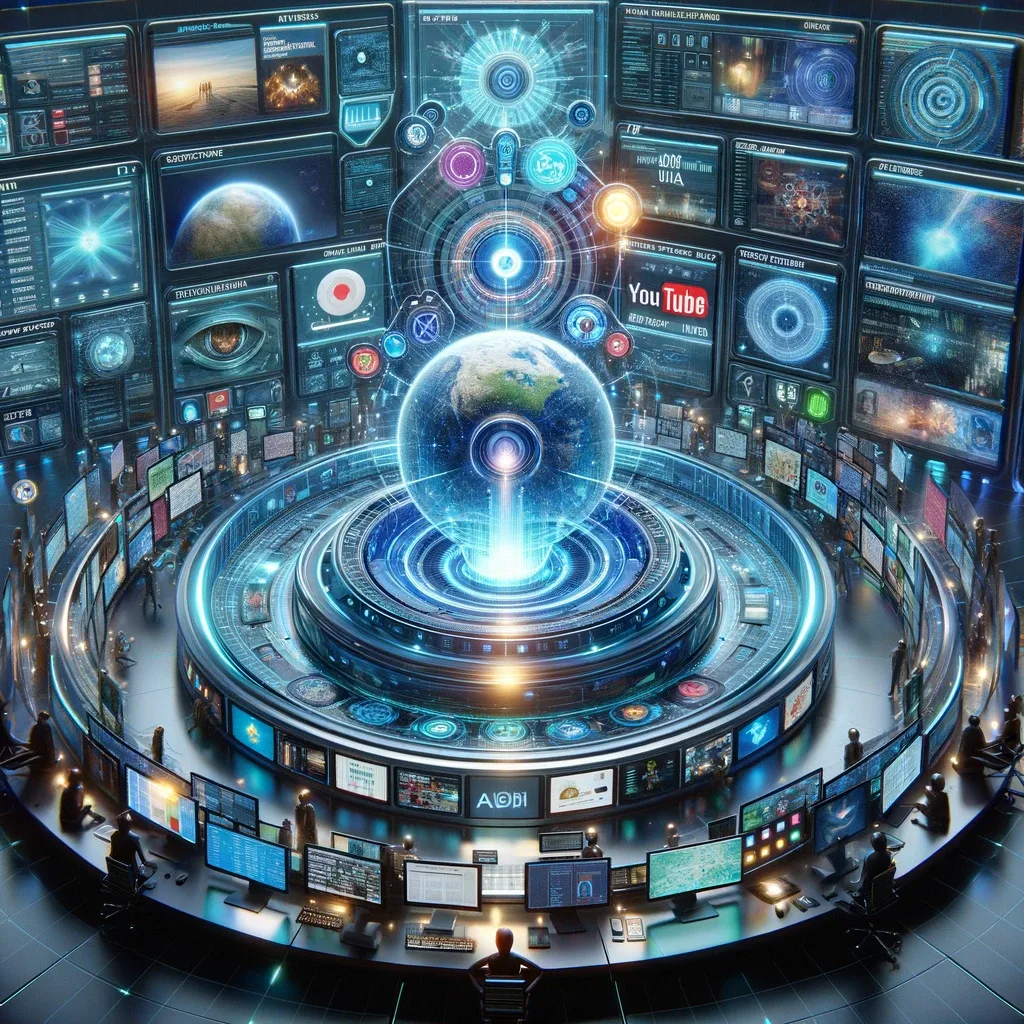 Illustration of a futuristic control room with many screens around a central glowing AI core