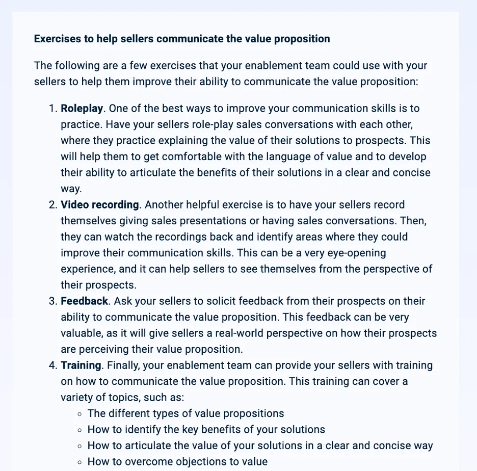 Generated list of exercises to help sellers communicate value: roleplay, video recording, feedback, training