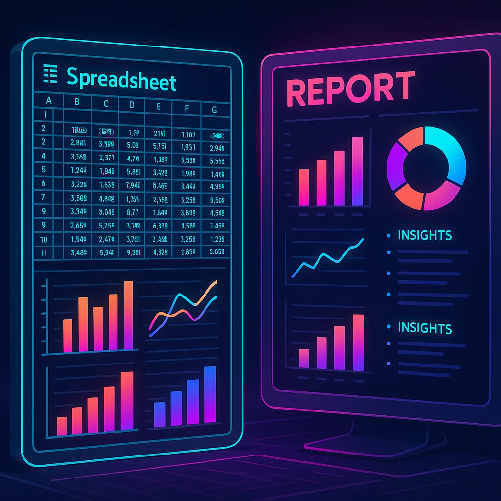 Neon illustration of a tablet labeled Spreadsheet beside a monitor labeled Report, both showing charts and insights.