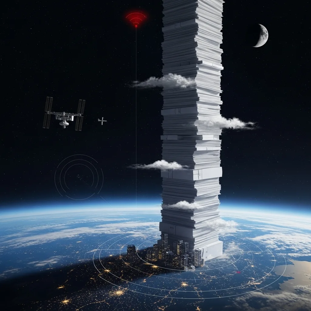 Tall stack of paper rising from a city up to the Moon past the space station.