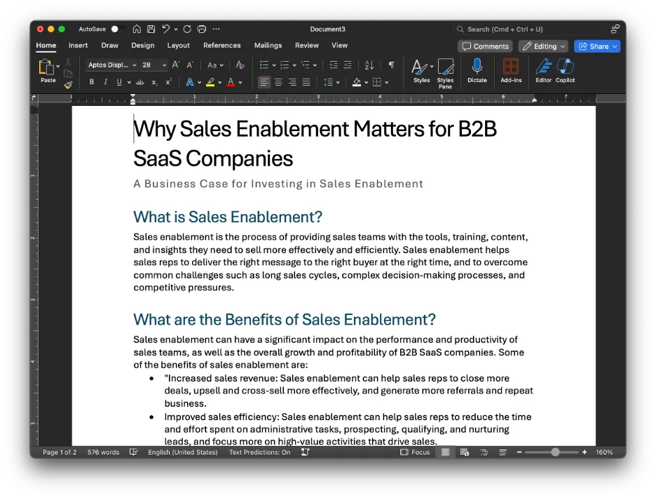 Word document titled Why Sales Enablement Matters for B2B SaaS Companies generated by Copilot