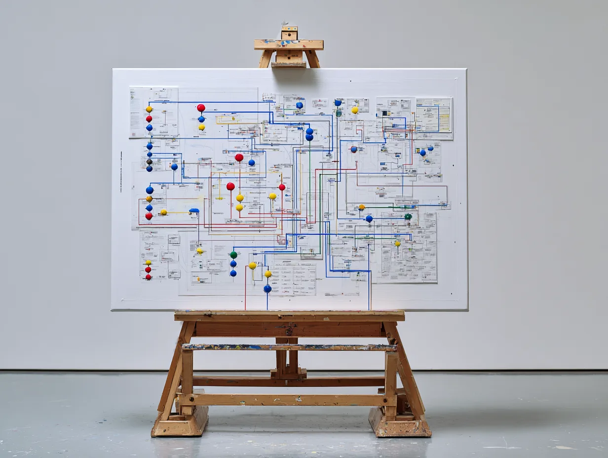 White canvas on wooden easel covered with dense flowchart of colored pins and red, blue, yellow connecting lines